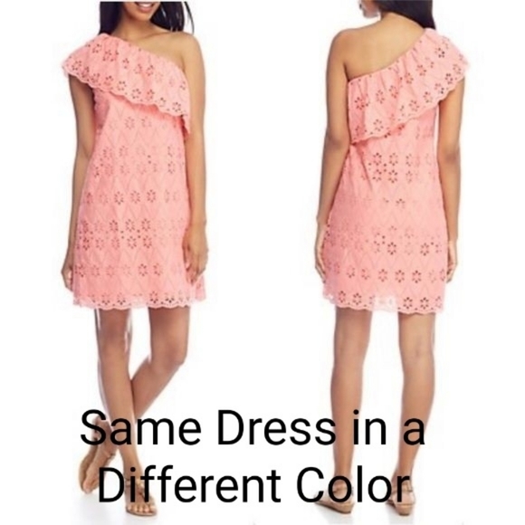 One Shoulder Eyelet Lace Dress Coral Color - Picture 2 of 7